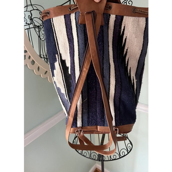 Handwoven Indigo Jacquard Bag‎ Backpack Purple Blanket Wool Leather